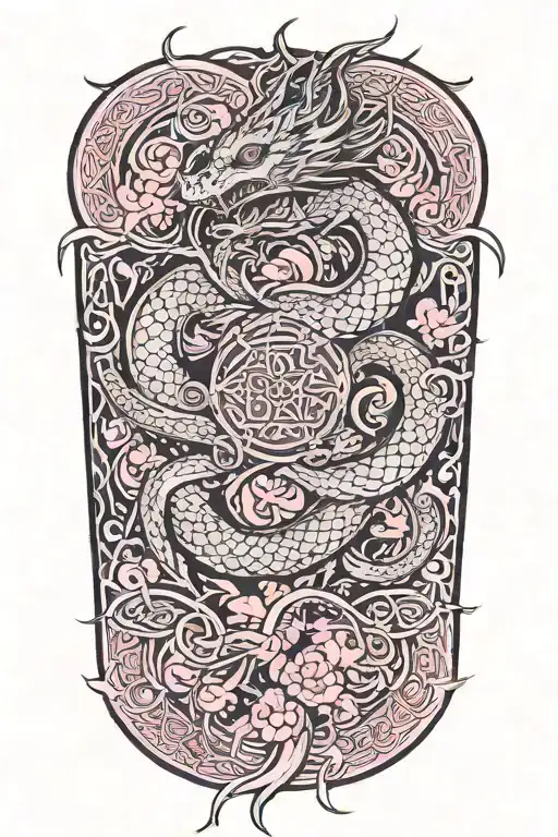 Dragon Around Fire And Waves Flowing With Sakura And Lotus And Celtic Knots