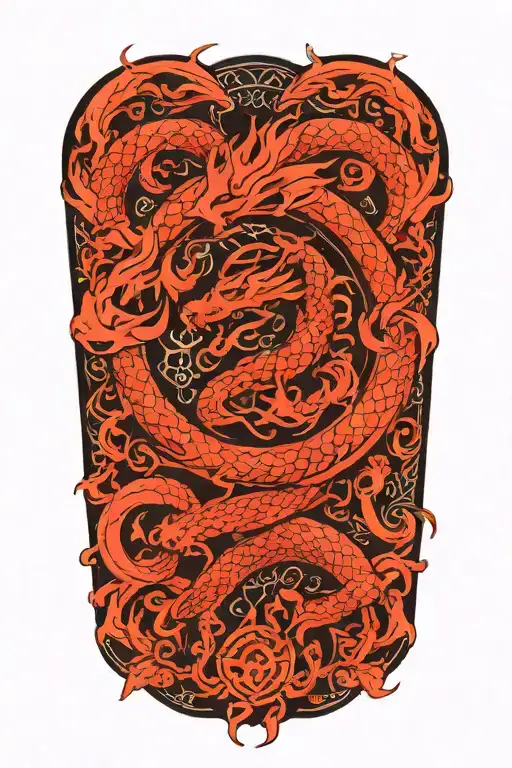 Dragon Around Fire And Waves Flowing With Sakura And Lotus And Celtic Knots