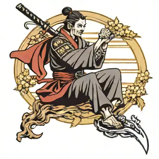 Samurai With Sword Holding A Scroll Pinned To A Tree