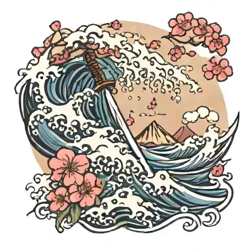 Sword In Front Of Crashing Tsunami Wave With Cherry Blossoms