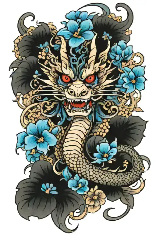 Yakuza Dragon And Blue Flowers