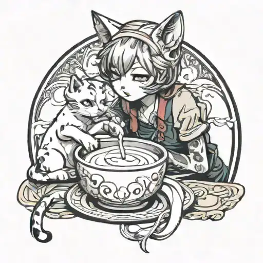 Girl Cat With Tongue Drinks Milk From Bowl Back Tail In Anime Style Hand Completely