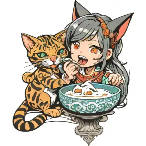 Girl Cat With Tongue Drinks Milk From Bowl Back Tail In Anime Style Hand Completely