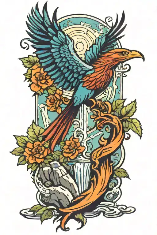 Waterfall Pheonix Bird Cross On Hill Overlooking