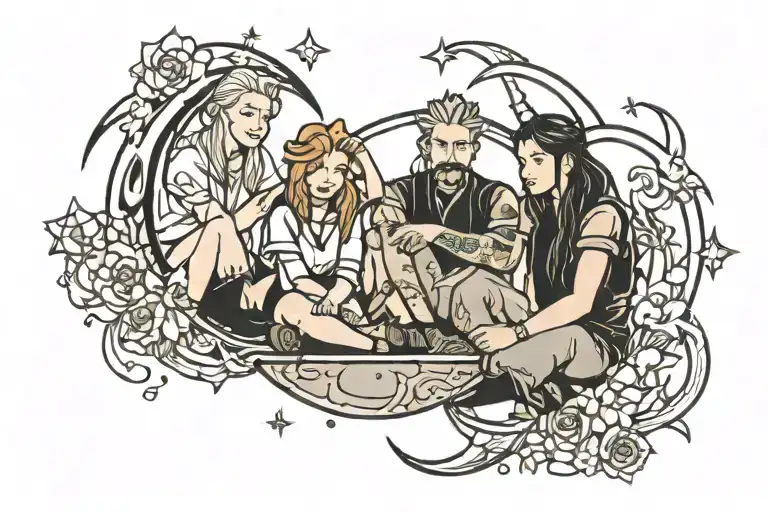 Friends Cast Sitting Together Sun Moon Star