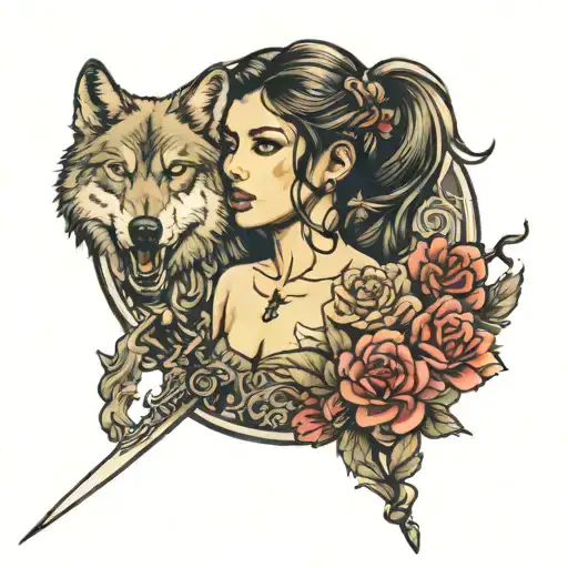 Women With The Sword And Flower And Wolf