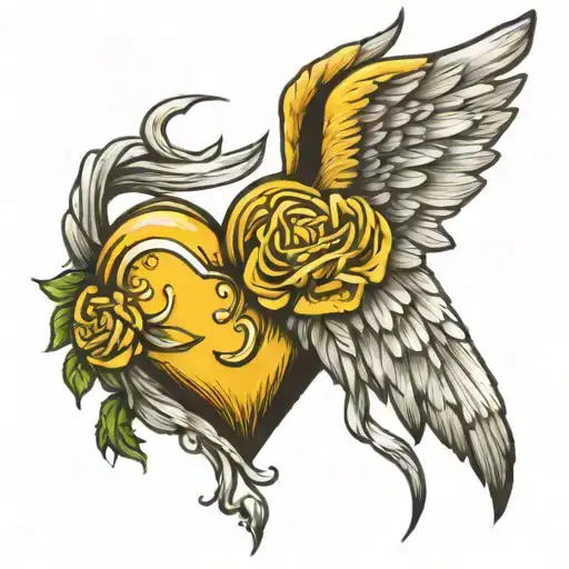 Yellow Heart With Angel Wings Flying