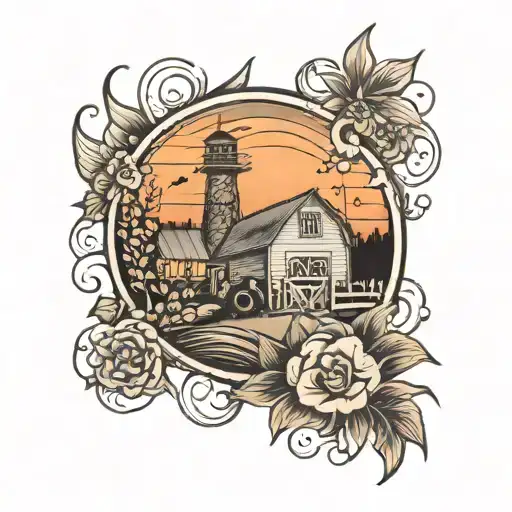 Medow Farm With Sunset In The Back Ground