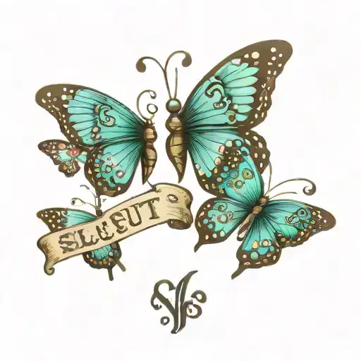 Turquoise Butterflies With Hip Pen Wording Saying Slut