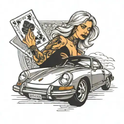 Porsche Car With Woman In The Foreground Holding Black Jack Cards