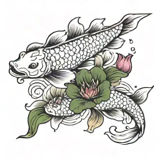 2 Koi Fish Swimming Around Lotus Flower