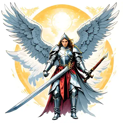 Full Armored Warrior Angel Holding A Sword With Heaven Background And Legion Of Angels