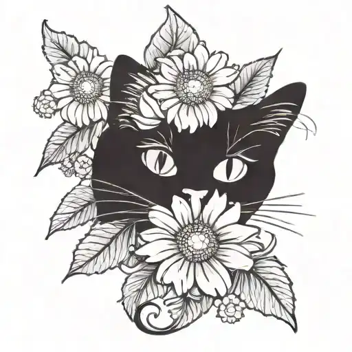 Black Cat With Daisy Flower