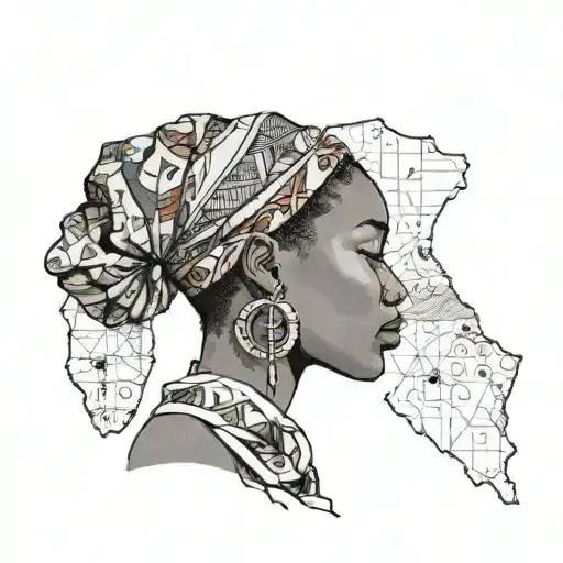 A Side-profile Of A Black Woman Wearing A Scarf And Embedded In A Sketch Of The Continent Of Africa
