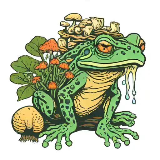 Frog Sitting In Front Of Lions Mane Mushrooms