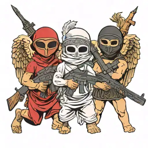 Greek Cupid Angel Statues Wearing Balaclava Ski Masks And Holding Ak-47 Firearms