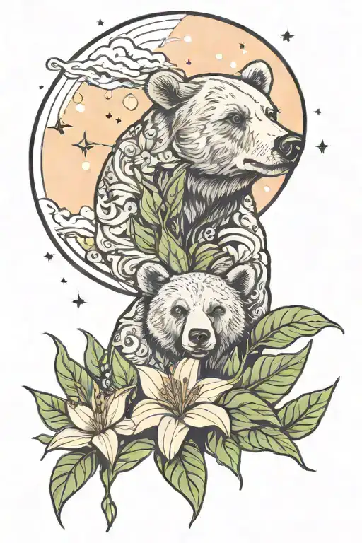 Bear Peering Through Stella Lily And Peace Lily With Constellations In The Sky Behind It