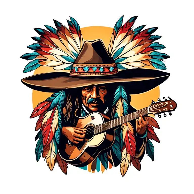 Indian Hat With Feathers And Guitar