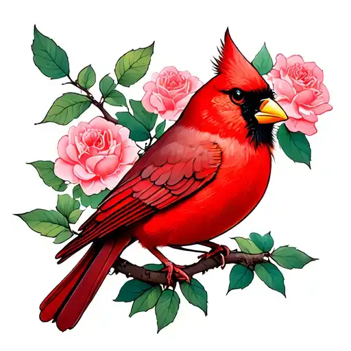 Japanese Cardinal On Rose Branch
