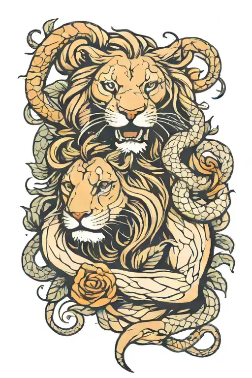 Lion And Snake Wrapped Arms Around Herself