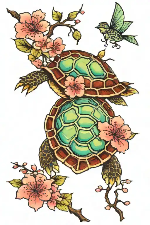 Turtle And Cherry Blossom Branch