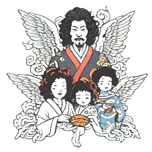 Japanese Family With A Black Angel With Curly Hair Pointing Up