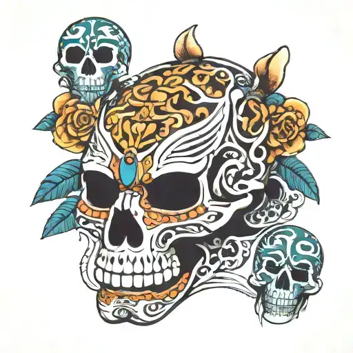 Six Skulls Around A Jaguar In Traditional Mayan