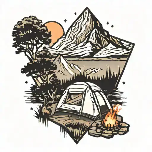 Camping Scene With Mountain Background Done In Dot Style In The Shape Of A Diamond