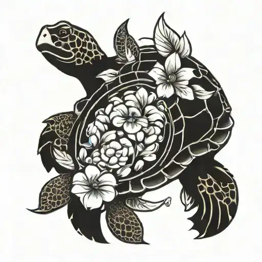 Hawaiian Flower Turtle With Family Meaning Tattoo Design