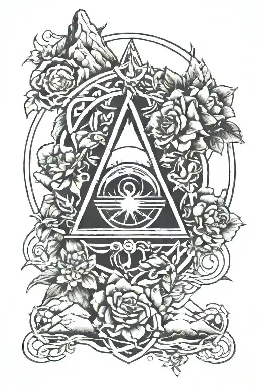 Occult Symbol Intertwined With Mountains And Flowers