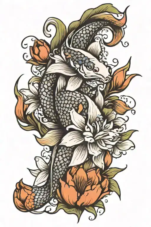 Koi Fish And Tulips Lilies