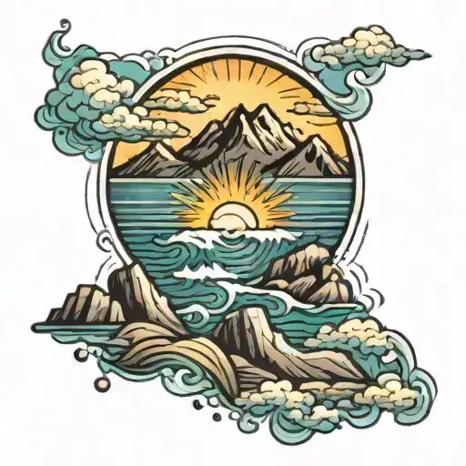 Water And Mountains With Sun Rays