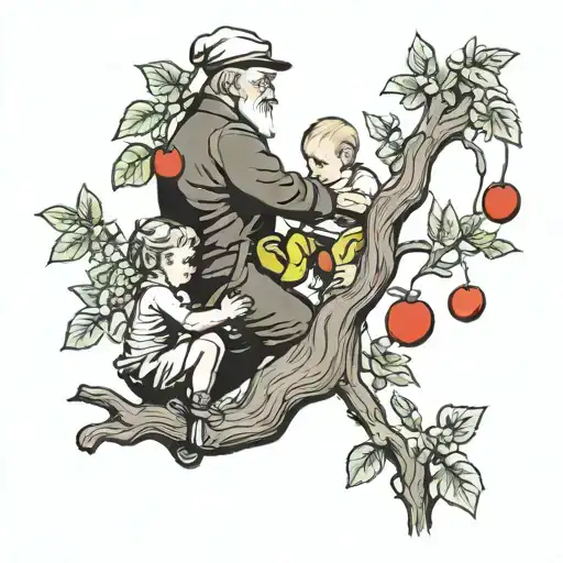 Grandpa And Grandchild Climbing An Apple Tree