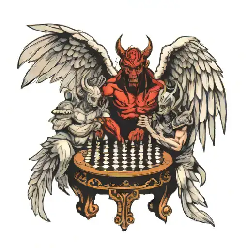 Demon With Wing And Angel With Wings Playing Chess