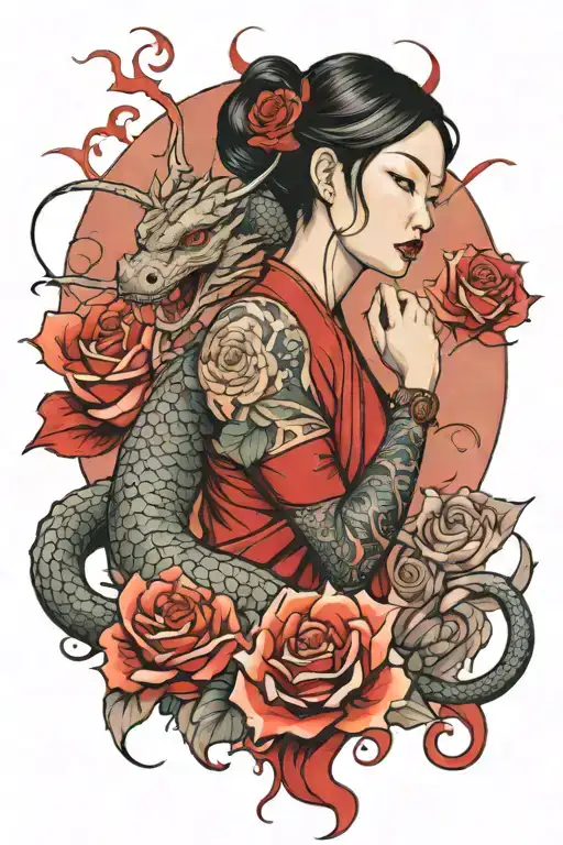 Asian Girl Wrapped By A Red Dragon With Roses