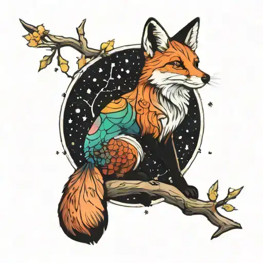 Starry Sky Colored Aurora Borealis With Fox On Its Back On The Branch Of A Black Tree Of Life