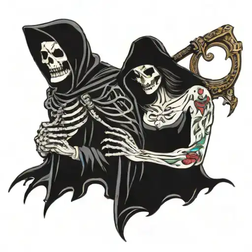 A Simple Bold Grim Reaper Biting A Woman Standing Behind Her