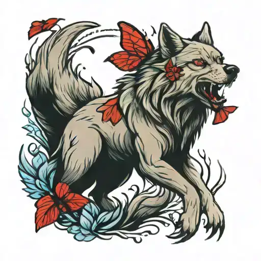 Wolf With Red Butterflie Flying Tattoo