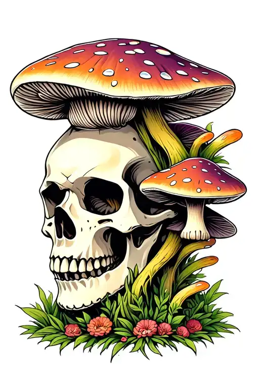 Trippy Skull With Mushrooms Growing
