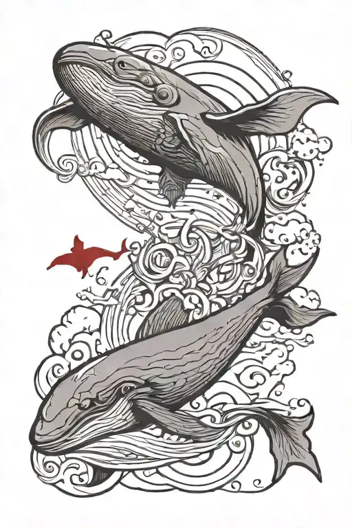 A Whale In Red Water And A Gargoyle Flying In The Sky