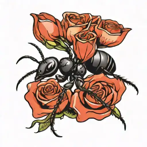 Small Black Ant Carrying A Rose Above Head Side View