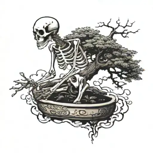 Skeleton Touching Bonsai Tree