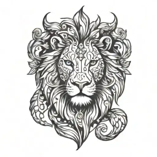 Head Of A Lion With Detailed Eyes With Trees Reflecting In Them