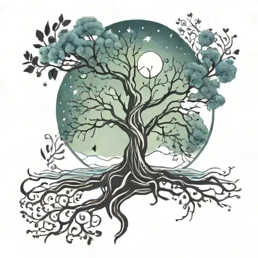 Tree Of Life With Starry Sky Background With Moon And Northern Lights