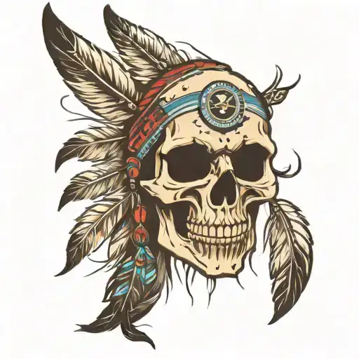 Native American Skull With Feathers Hanging Upside