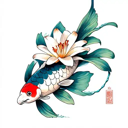 Lily With Yin Yan Koi Fishes
