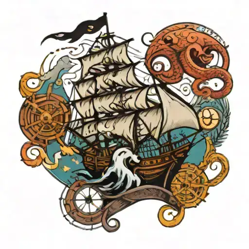 Pirate Ship With An Octopus And Compass