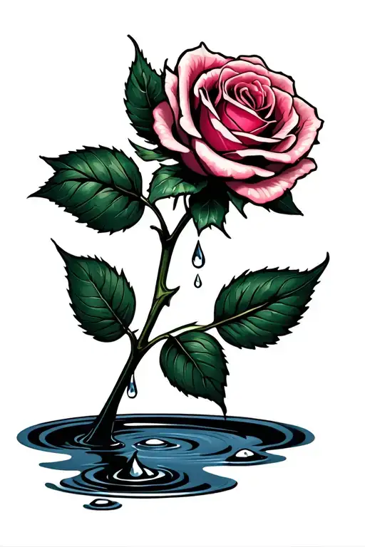 Memorial Rose With Tear Drops Falling Into Puddle Below