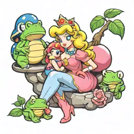 Pinup Princess Peach With Mario And Toad Sitting