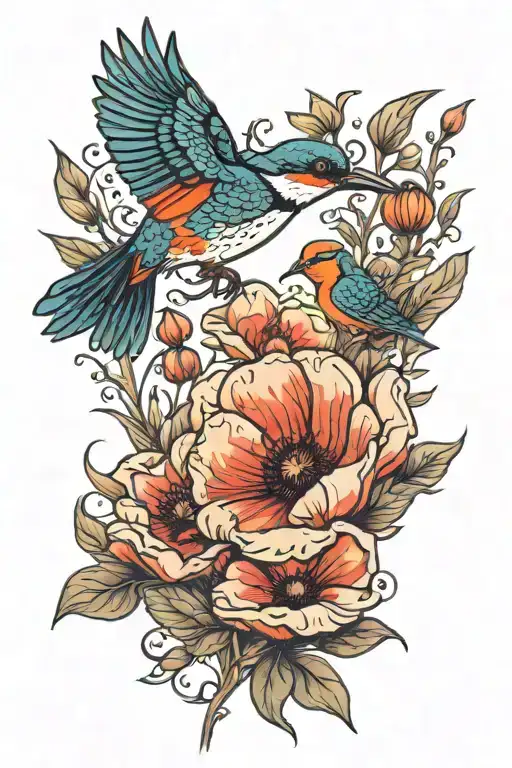 Poppy Flower And King Fisher Bird Flying